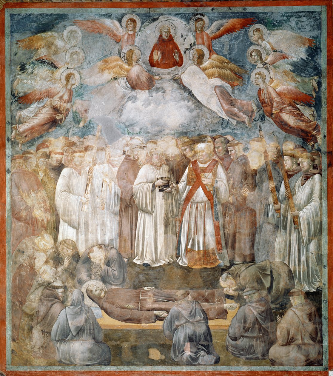 Pyhän Franciscus Assisilaisen hautajaiset ja stigmien todentaminen - Fresco tekijältä Giotto (c.1266 1337)