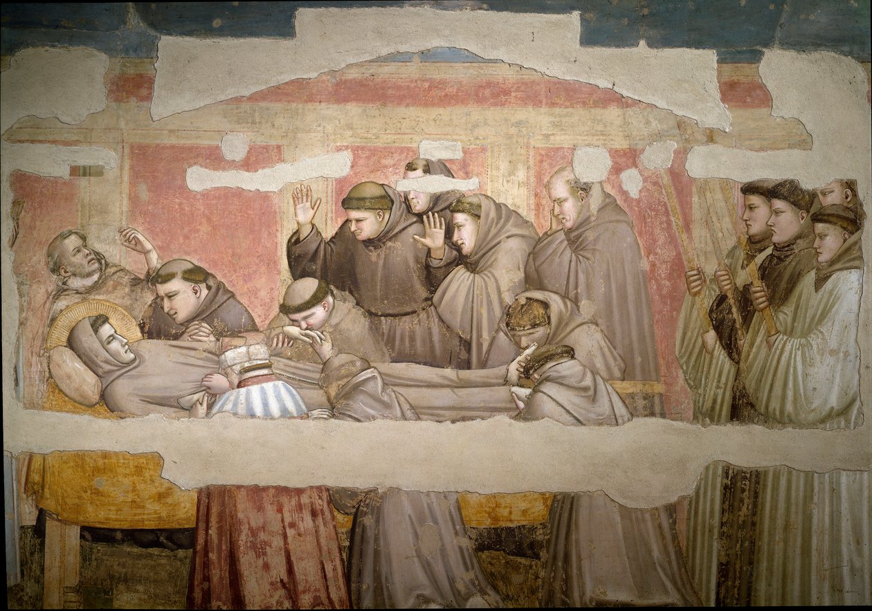 Pyhän Francois Assisilaisen hautajaiset, yksityiskohta. Stigman vahvistus. Giotto di Bondonen maalaus (1267? 1337) tekijältä Giotto (c.1266 1337)