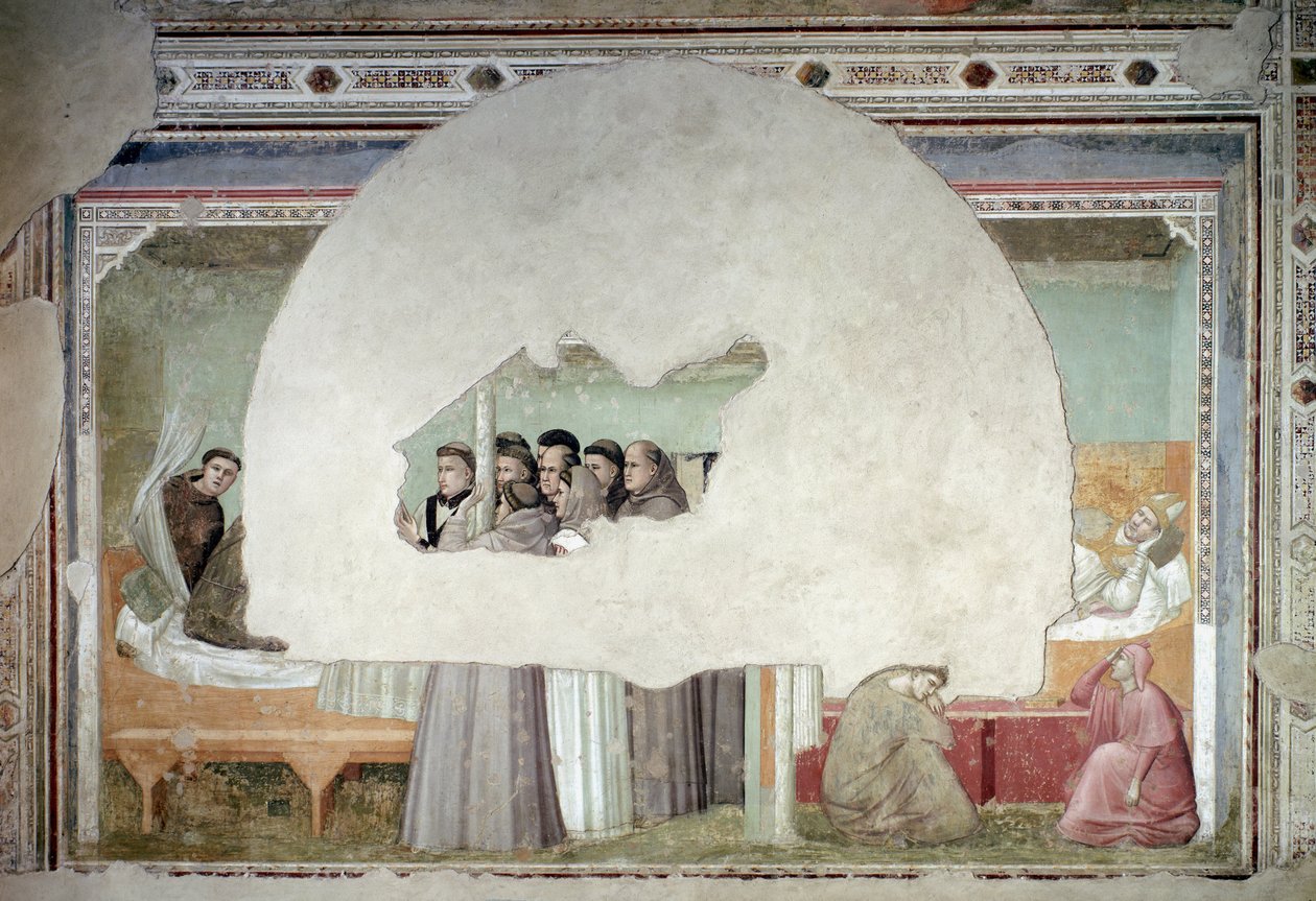 Visiot pyhän Franciscus Assisilaisen taivaaseenastumisesta: pappi Augustinus nousee sängystä, kun piispa makaa edelleen lähihuoneessa, apunaan kaksi palvelijaa sängyn juurella - freskon juurella, n. 1325 tekijältä Giotto (c.1266 1337)