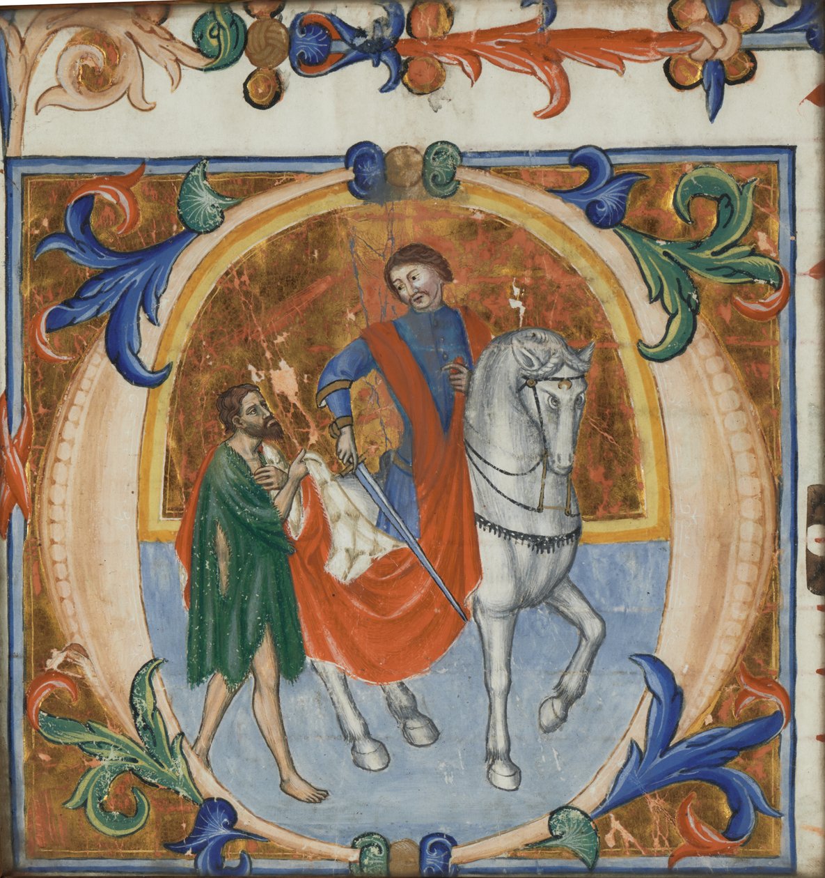 Valaistu miniatyyri St. Martinista jakamassa viittaansa (suuresta kuorokirjasta) tekijältä Giotto di Bondone (school of)