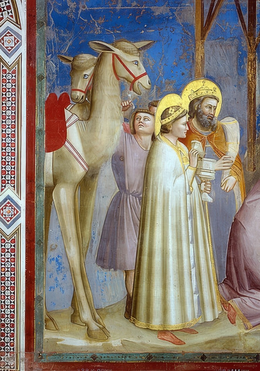 Maagien palvonta. Yksityiskohta: kaksi kamelia ja kuninkaat lahjoineen. 1305 tekijältä Giotto di Bondone