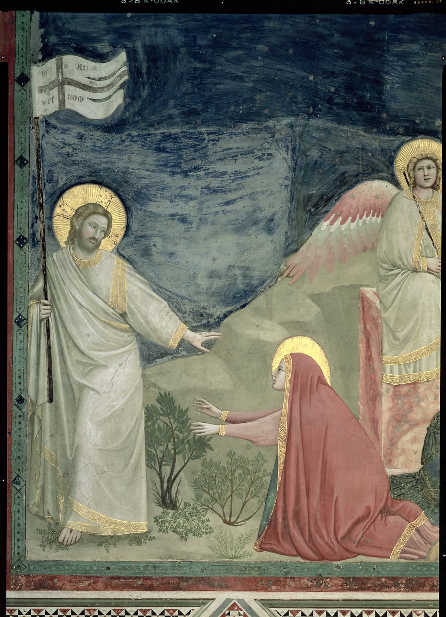 Noli me Tangere, yksityiskohta Kristuksesta ja Maria Magdaleenasta, n. 1305 tekijältä Giotto di Bondone