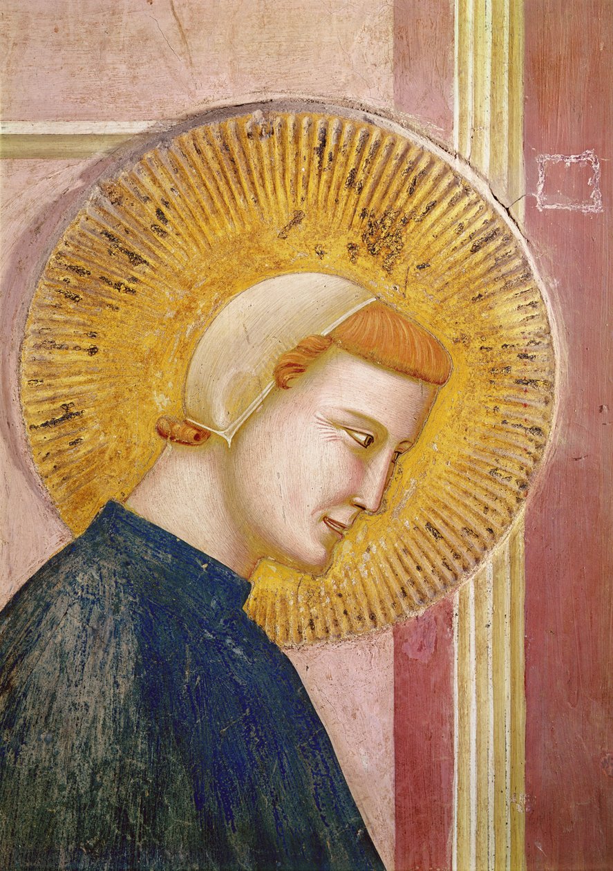 Yksinkertaisen miehen kunnioittama pyhä Franciscus, yksityiskohta Pyhän Franciscuksen päästä, n. 1297-1299 tekijältä Giotto di Bondone