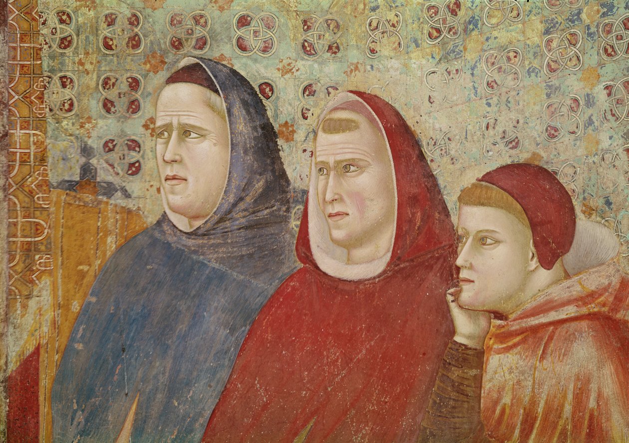Pyhä Franciscus saarnaa paavi Honorius III:lle, yksityiskohta kolmesta prelaatista oikealla, n. 1297-1299 tekijältä Giotto di Bondone