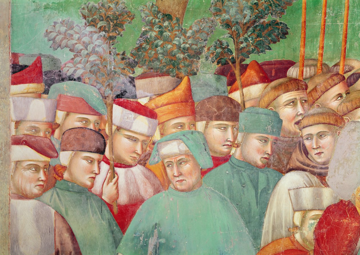 St Clare syleilee Pyhän Franciscuksen ruumista, yksityiskohta väkijoukosta oikealla puolella, 1297-99 (fresko) (63354:n yksityiskohta) tekijältä Giotto di Bondone