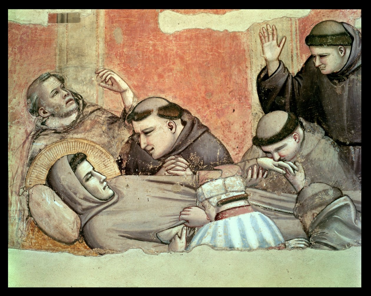 Pyhän Fransiskuksen kuolema, yksityiskohta Pyhästä Fransiskuksesta ja munkeista, Bardin kappelin freskosta, yksityiskohta 63329. tekijältä Giotto di Bondone