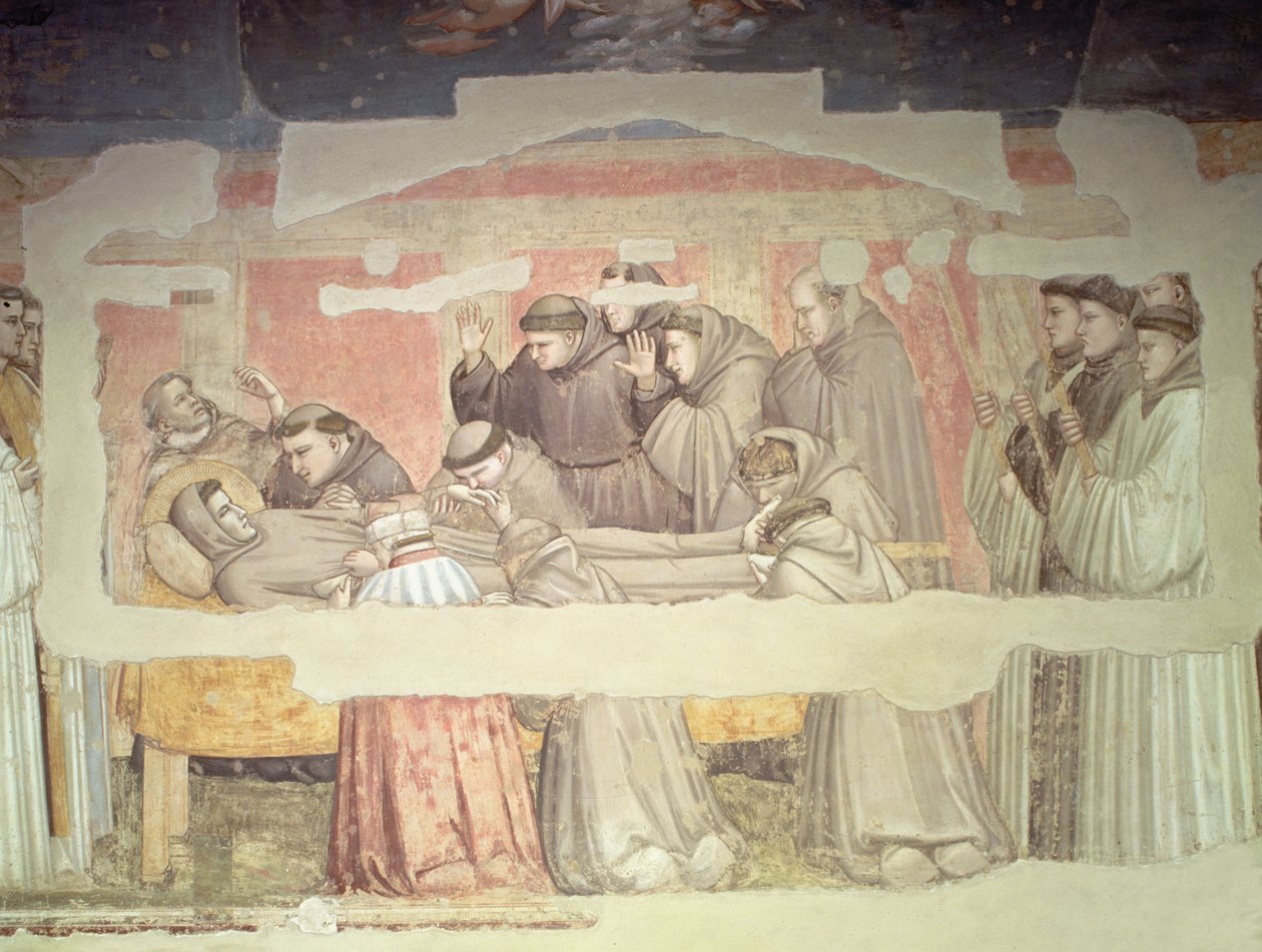 Pyhän Fransiskuksen kuolema, yksityiskohta ruumisalustasta ja surevista, Bardi-kappelin freskosta ks. myös 63380, 63329, 99677. tekijältä Giotto di Bondone