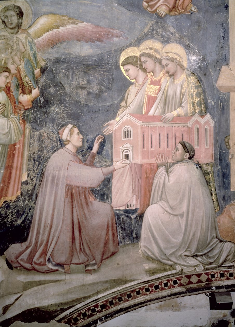 Viimeinen tuomio, yksityiskohta, jossa suojelija Enrico Scrovegni esittelee kirkon pienoismallia, n.1305, fresko yksityiskohta 65227:stä tekijältä Giotto di Bondone