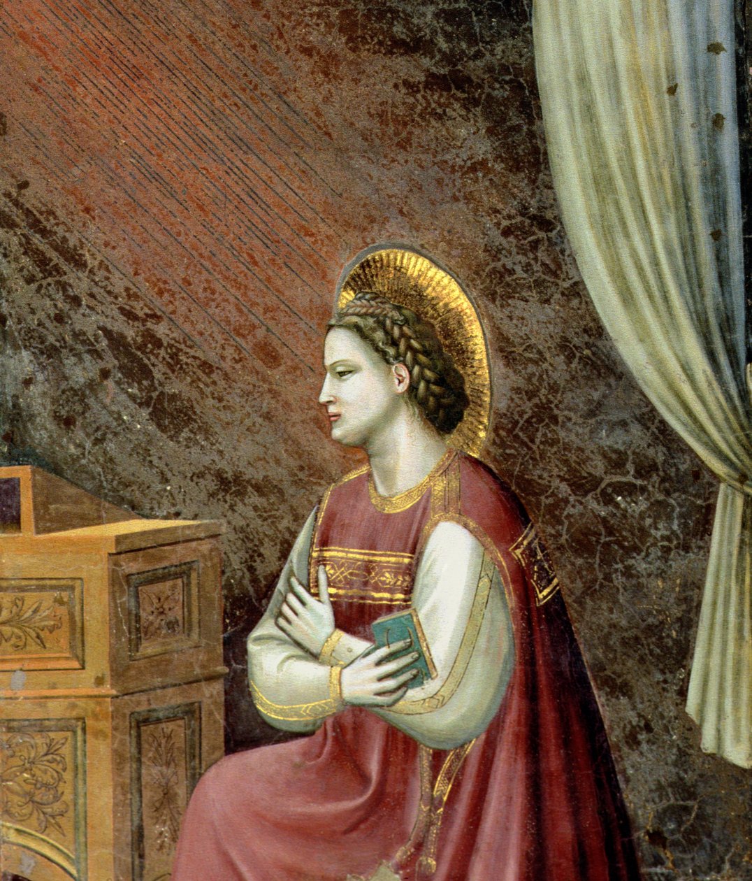 Anunciation, yksityiskohta Neitsyen polvistumisesta alttarin yläpuolella olevasta lunetteesta, n. 1305 (97840:n yksityiskohta) tekijältä Giotto di Bondone