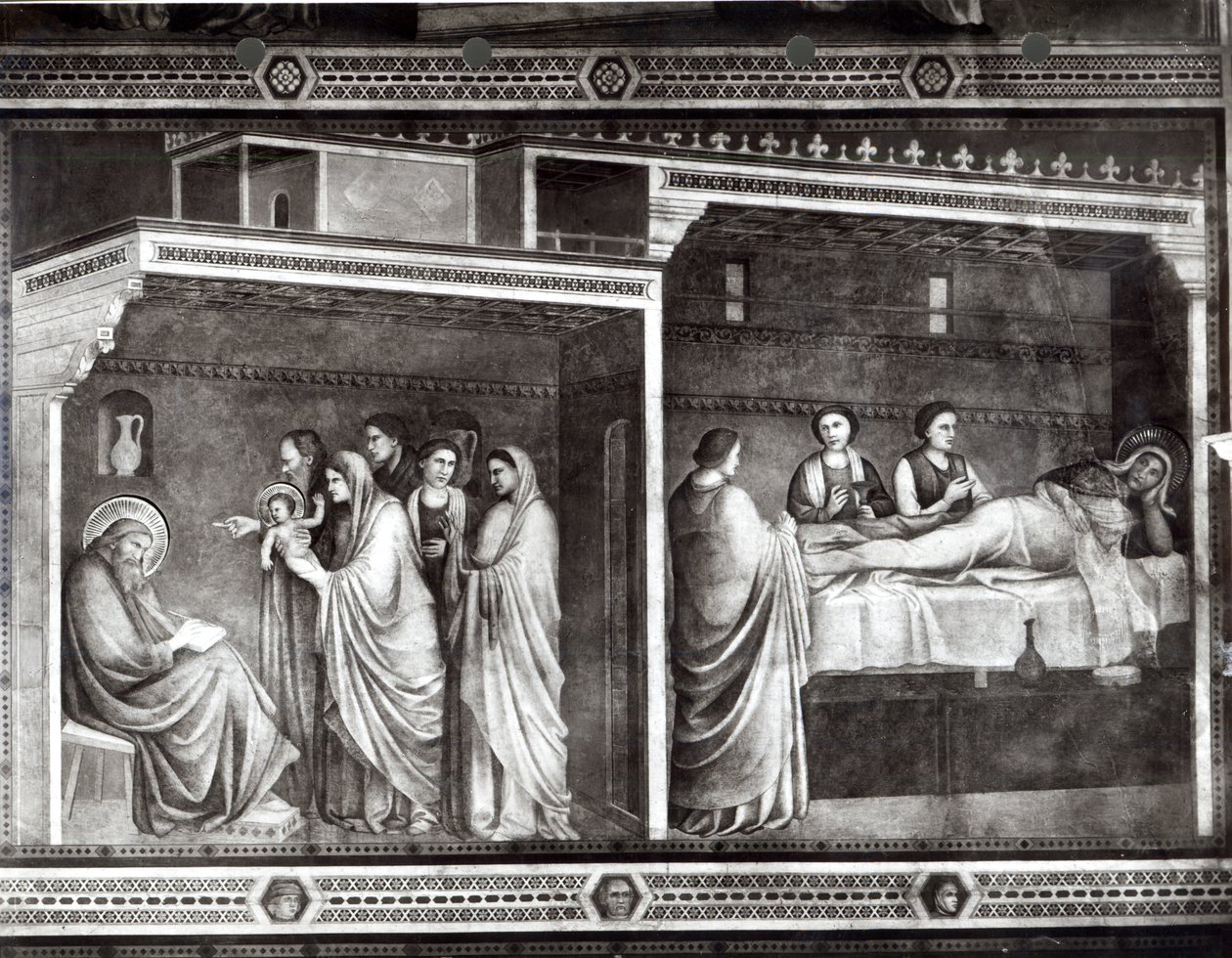 Pyhän Johannes Kastajan syntymä ja hänen isänsä Sakarias kirjoittaa hänen nimensä tekijältä Giotto di Bondone