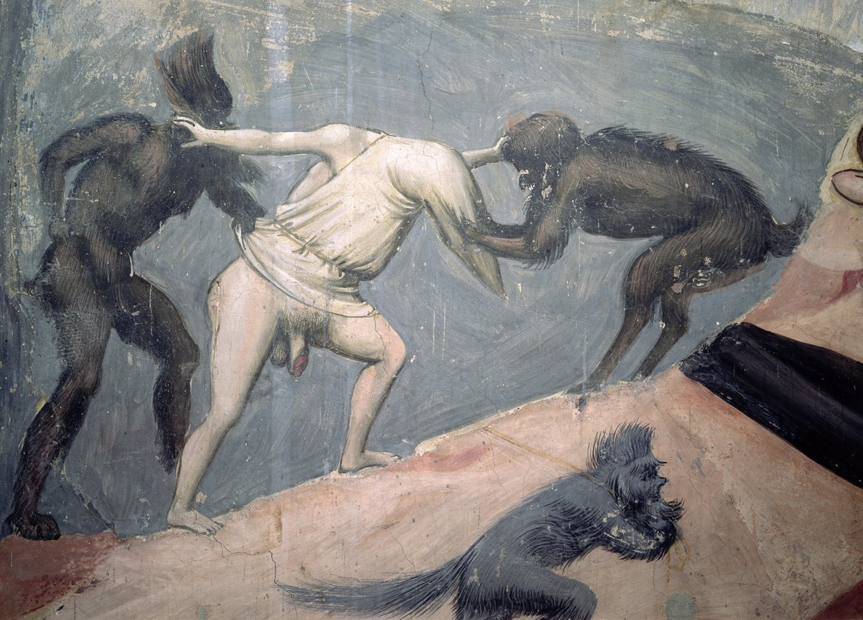 Viimeinen tuomio: Helvetti, yksityiskohta yhdestä kahden demonin vangitsemasta kirotuista, n. 1303-05 tekijältä Giotto di Bondone
