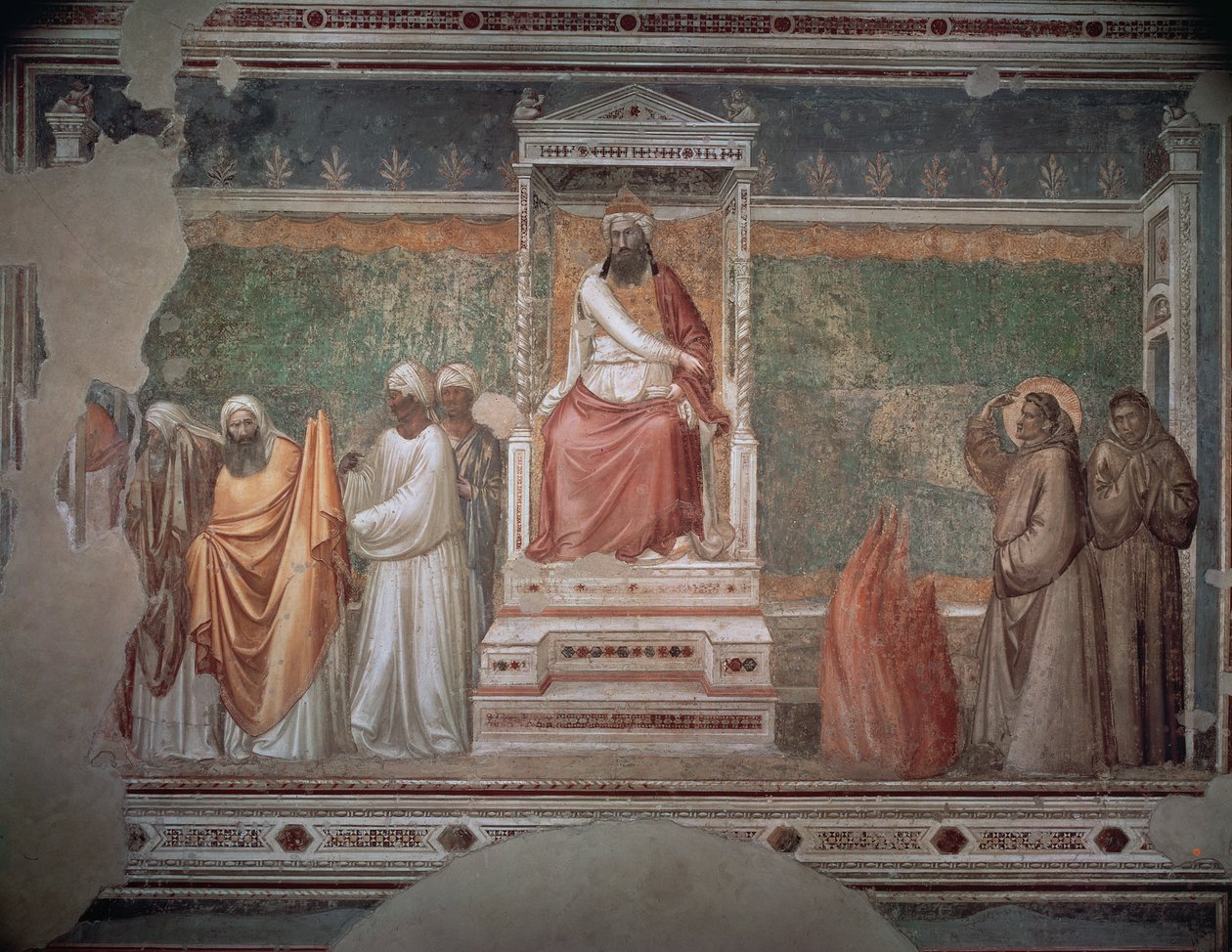 Pyhän Franciscus Assisilaisen tulioikeudenkäynti Egyptin sulttaanin edessä, Bardi-kappelista, n. 1320 tekijältä Giotto di Bondone