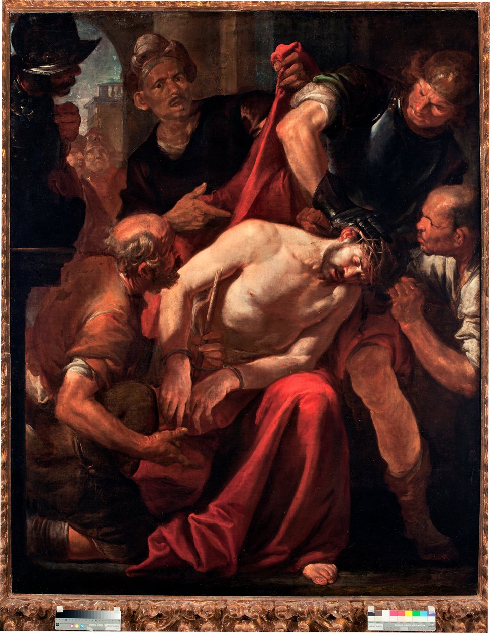 Kristuksen pilkka (sotilaat pilkkasivat Jeesusta) Gioacchino Assereton (1600-1649) maalaus 1600-luvun Genes, Musei di Strada Nuova tekijältä Giovacchino Assereto