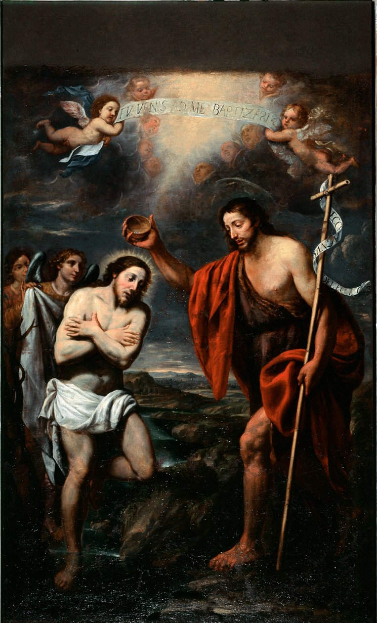Kristuksen kaste (Jeesuksen kristuksen kaste) Giovanni Battista Calzonen (1609-1681) maalaus 1600-luvulta Santa Margherita Ligure, Santa Margheritan kirkko tekijältä Giovan Battista Casone