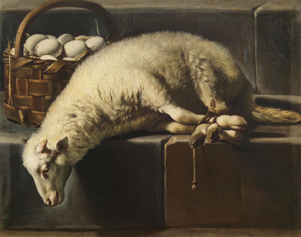 Sidottu lammas munakorin lisäksi Pääsiäisen vertaus, 1700-luvun toinen puolisko. tekijältä Giovan Battista Recco
