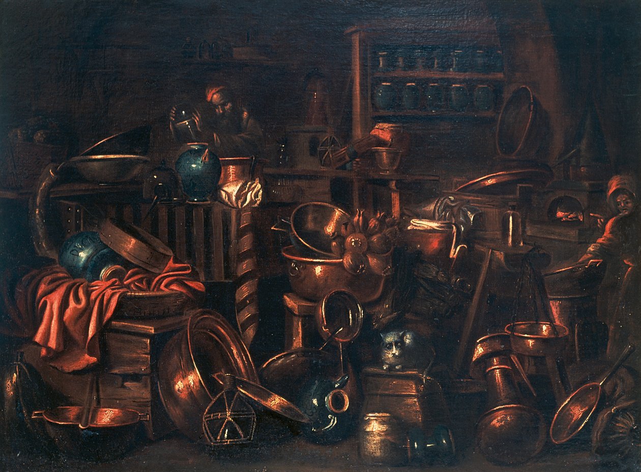 Alkemistin laboratorio, maalaus Gian Domenico Valentino (1630-1708), Italia tekijältä Giovan Domenico Valentino