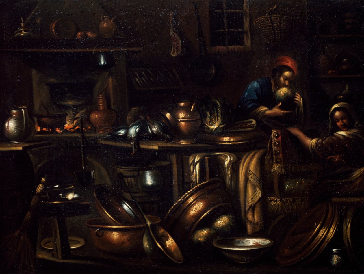 Keittiön sisustus, Gian Domenico Valentinon (1639-1715) maalaus, Italia tekijältä Giovan Domenico Valentino