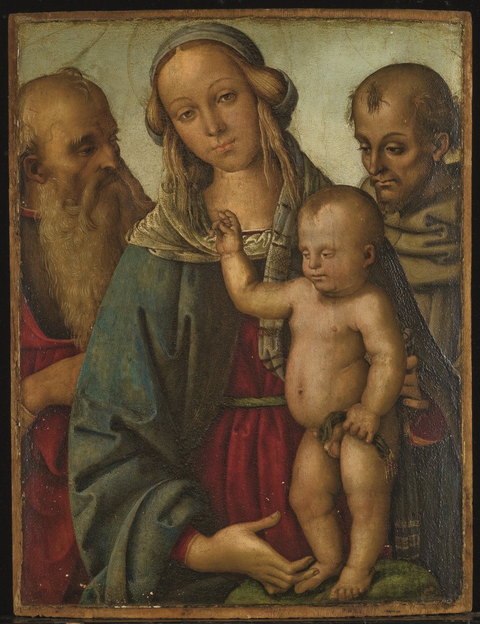 Neitsyt ja lapsi sekä pyhimykset Hieronymus ja Franciscus (öljy paneelille) tekijältä Giovan Maria di Bartolomeo Bacci di (1450 1510) Belforte