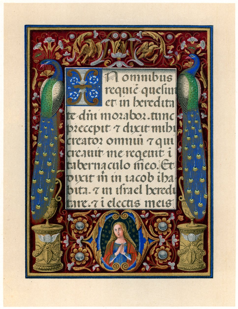 Tekstisivu, jossa Neitsyt ja kaksi riikinkukkoa, c1490 tekijältä Giovan Pietro Birago