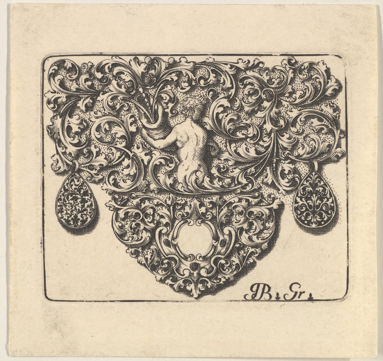 Kultasepän koriste, jossa nuori mies pitelee runsaudensarvi, 1709. tekijältä Giovani Battista Grondoni