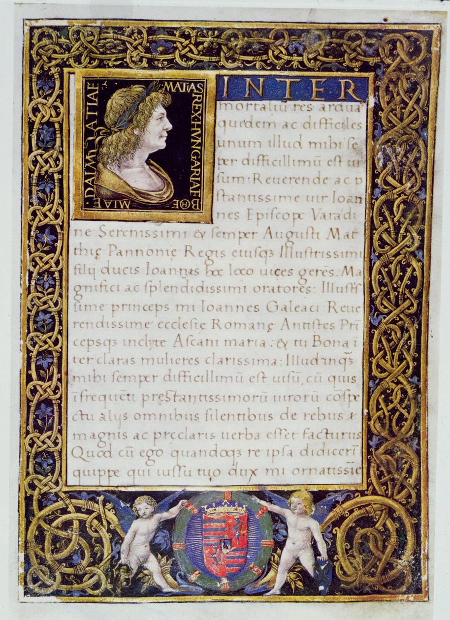 Sivu koodeksista, jossa on Mattias I (1440-90) Corvinuksen muotokuva tekijältä Giovanni Ambrogio de Predis