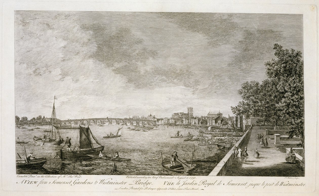 Näkymä Somerset Gardensista Westminster Bridgelle, kaiverrus Johann Sebastian Mueller (n. 1715-92) 1750 (katso 111929) tekijältä Giovanni Antonio Canal