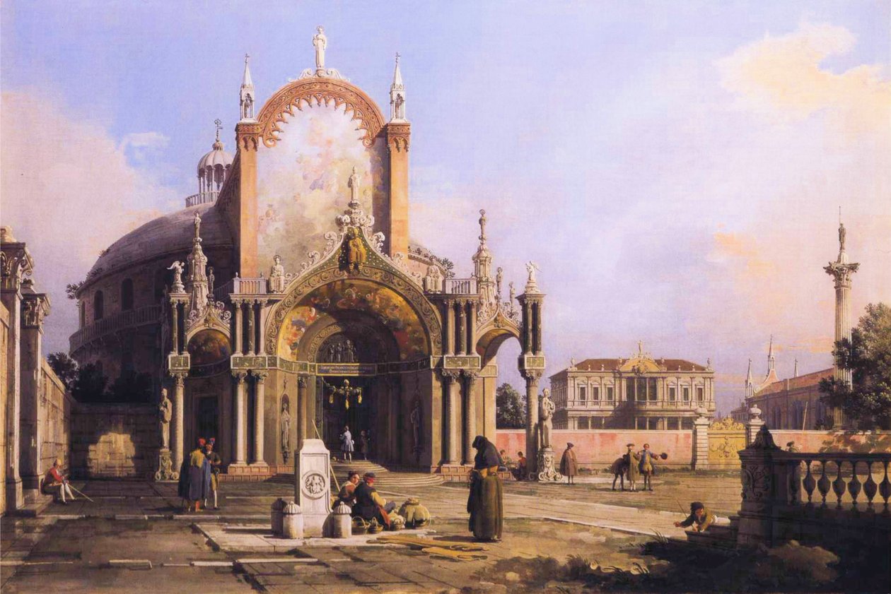 Pyöreän kirkon Capriccio, jossa on kehitetty goottilainen portico Piazzalla, Palladian Piazza ja goottilainen kirkko sen ulkopuolella.JPG tekijältä Giovanni Antonio Canal