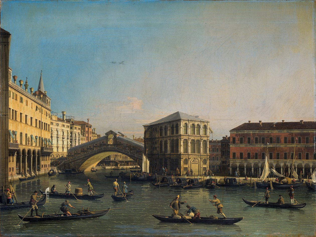 Het Canal Grande tapasi Ponte Rialton ja Fondaco dei Tedeschin tekijältä Giovanni Antonio Canal