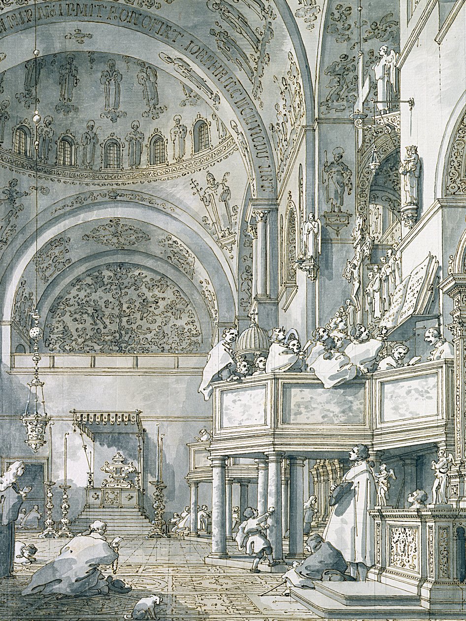 Kuoro laulaa Pyhän Markuksen basilikassa, Venetsiassa, 1766 (kynä, muste ja pesu paperille) tekijältä Giovanni Antonio Canal