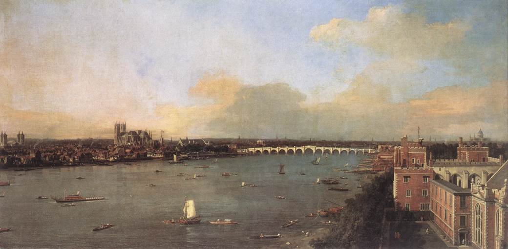 Thames -joki Lambethista Westminsteriin päin tekijältä Giovanni Antonio Canal