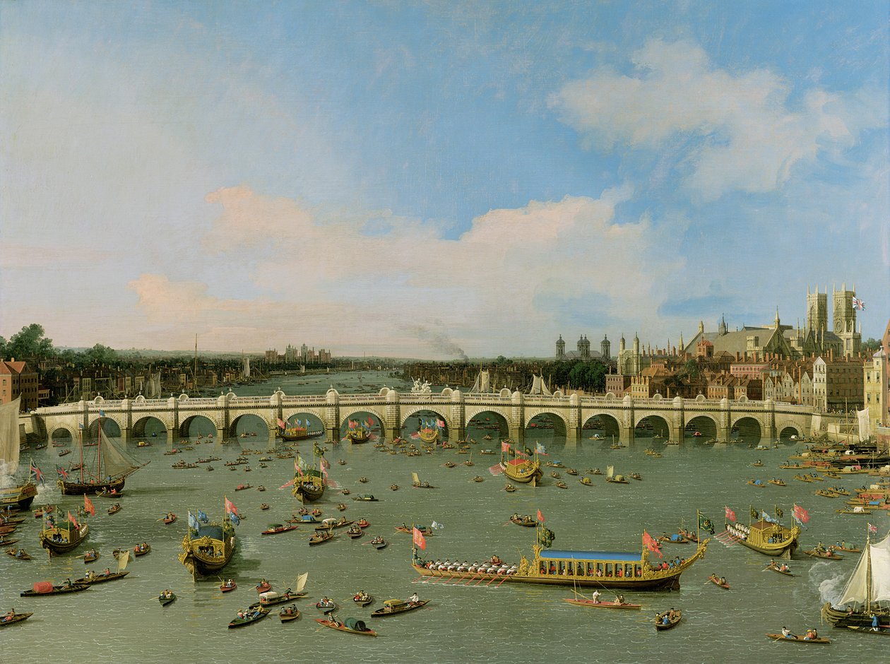 Westminster Bridge, Lontoo, Lord Mayorin kulkue Thamesilla tekijältä Giovanni Antonio Canal