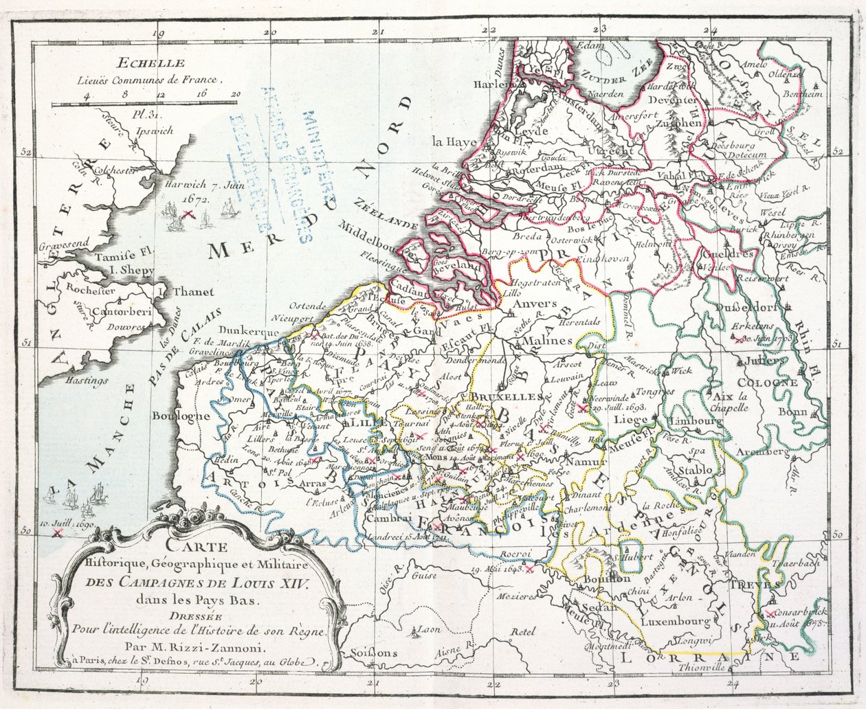 Kartta, joka näyttää Ludvig XIV:n sotilaskampanjat Alamaissa, Atlas géographique et militaire, julkaistu Pariisissa, 1763 (värikaiverrus) tekijältä Giovanni Antonio Rizzi Zannoni