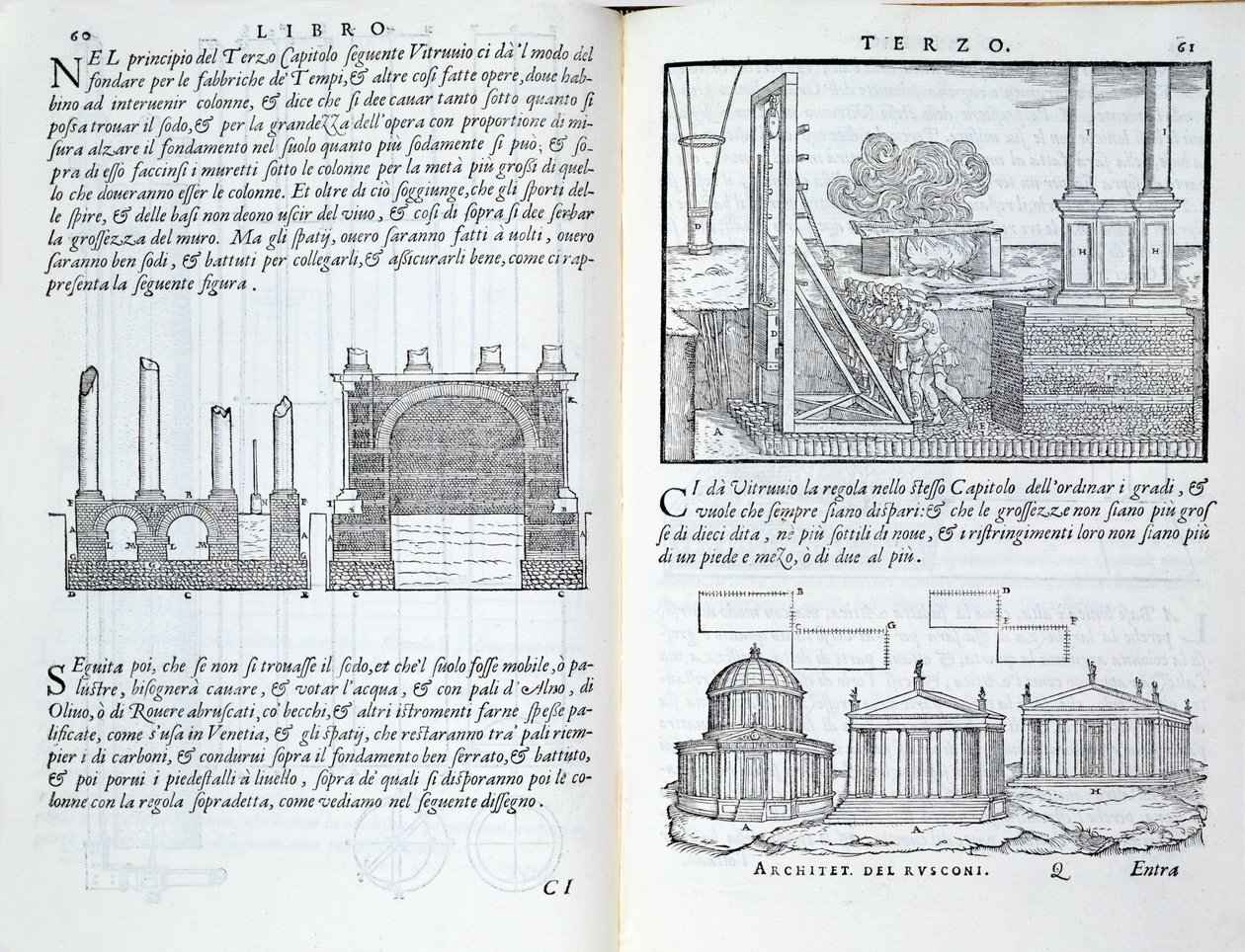 Perustusten laskeminen, Della Architettura, ilmestynyt 1590 tekijältä Giovanni Antonio Rusconi