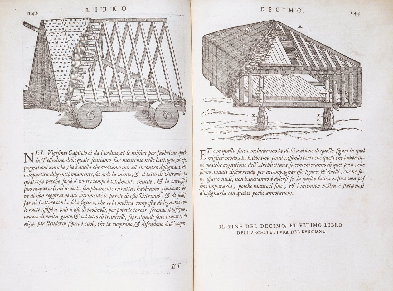 Esivalmistettujen kattojen kuljetusmenetelmät työmaalle Della Architetturasta, julkaistu 1590 tekijältä Giovanni Antonio Rusconi