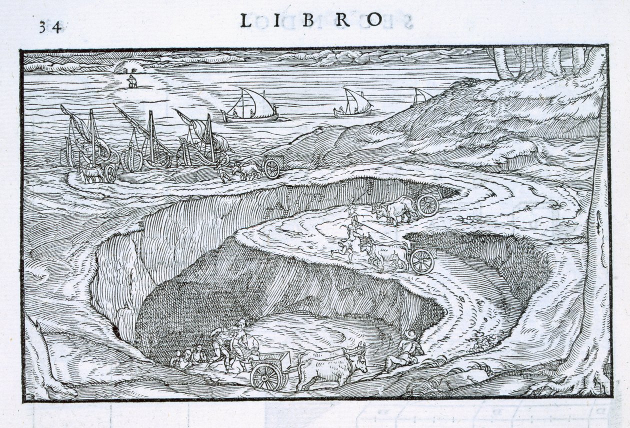 Rakennusmateriaalin siirtäminen louhoksesta laivoille, Della Architetturasta, ilmestynyt 1590 tekijältä Giovanni Antonio Rusconi