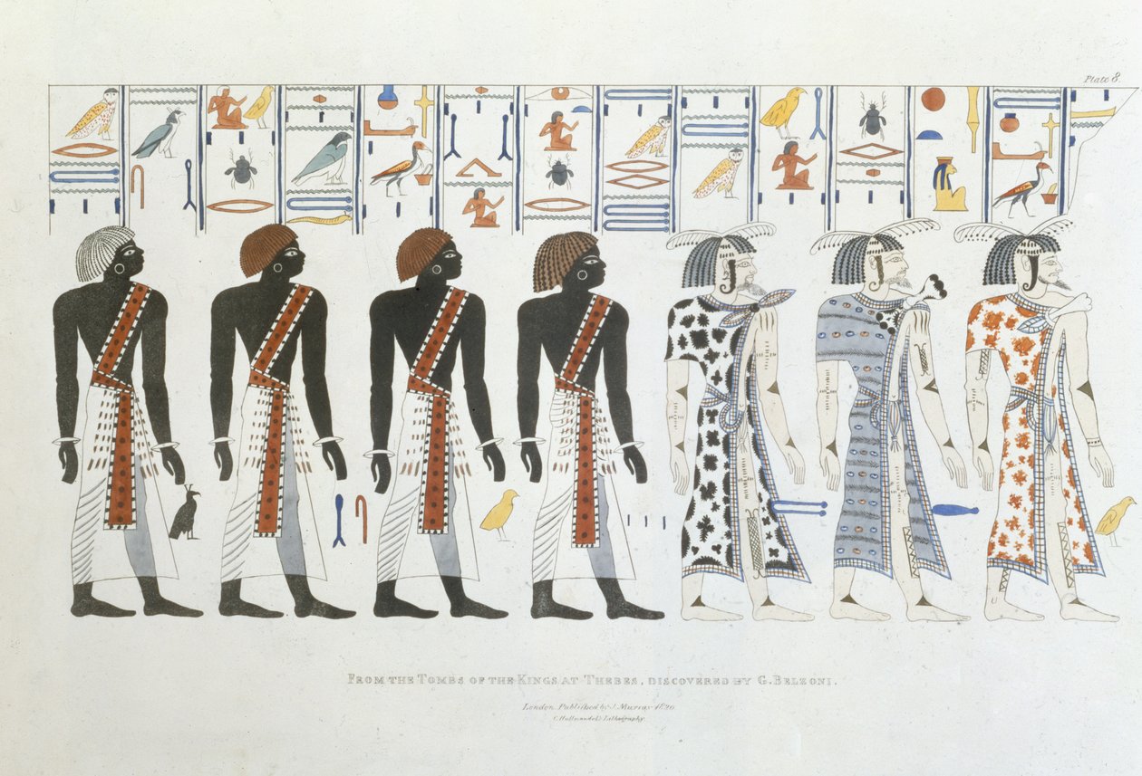 G. Belzonin löytämät hieroglyfikuvitukset Thebesin kuninkaiden haudoista, levy 8 julkaisusta "Plates Illustrative of the Researches in Egypt and Nubia", kaiverrettu Charles Hullmandel tekijältä Giovanni Battista Belzoni