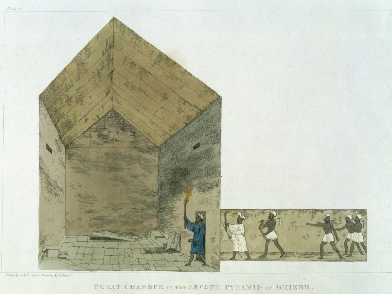 Gizan toisessa pyramidissa oleva suuri kammio, jonka löysi Giovanni Belzoni, levy 12 teoksesta "Egyptin ja Nubian tutkimusta kuvaavat levyt", kaivertanut Augustine Aglio (1777-1857) 182 tekijältä Giovanni Battista Belzoni