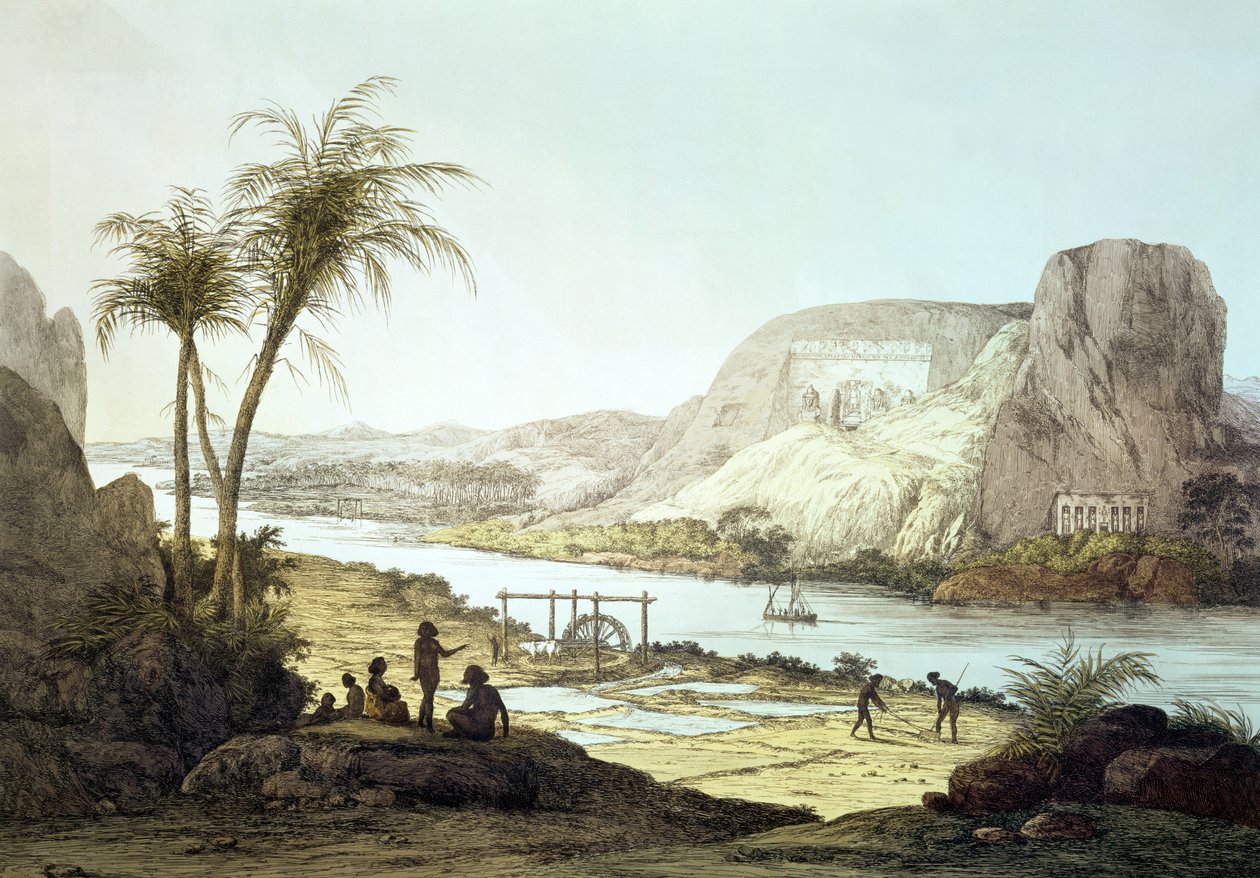 Näkymä temppeleistä Abu Simbelissä, Nubiassa, kaiverrettu Augustine Aglio (1777-1857) tekijältä Giovanni Battista Belzoni