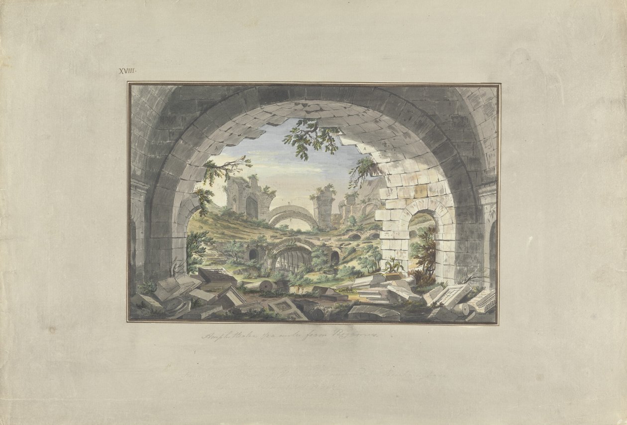 Pergamonin rauniot, amfiteatterin todennäköisyys, n. 1750 (wc kynällä ja musteella grafiitin päällä paperilla) tekijältä Giovanni Battista Borra