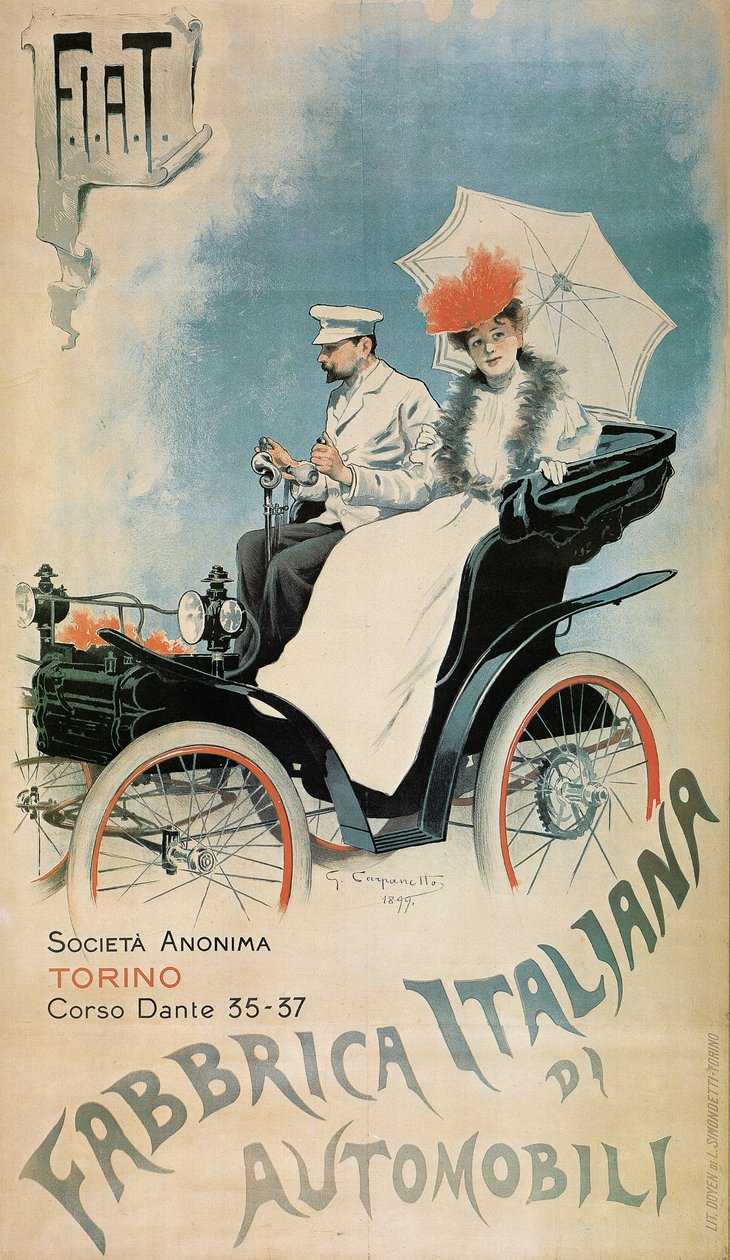 Juliste, joka mainostaa varhaista FIAT-autoa, 1899 tekijältä Giovanni Battista Carpanetto