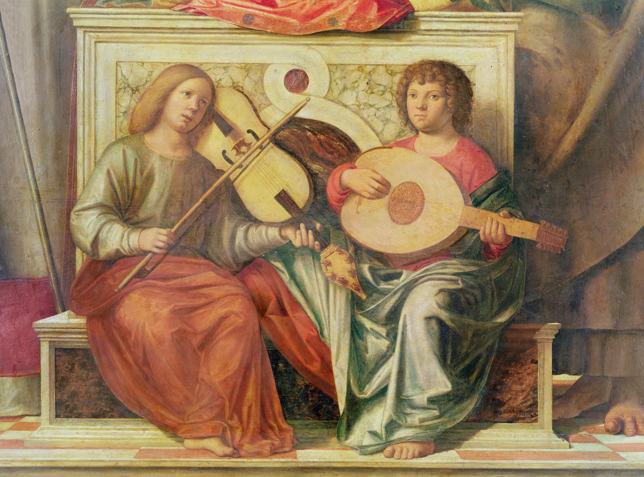 Yksityiskohta enkelimuusikoista maalauksesta Neitsyt ja pyhimykset, 1496-99. tekijältä Giovanni Battista Cima da Conegliano