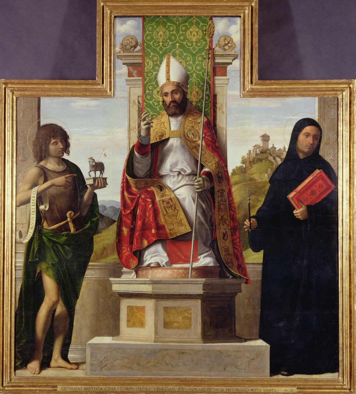 St. Lanfranc of Pavia valtaistuimelle Pyhän Johannes Kastajan ja Pyhän Liberiuksen välillä, n. 1515-1616 tekijältä Giovanni Battista Cima da Conegliano