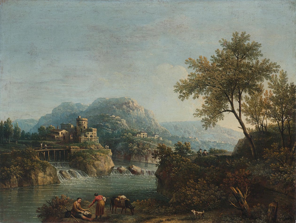 Flusslandschaft mit Figuren und einem Esel tekijältä Giovanni Battista Cimaroli
