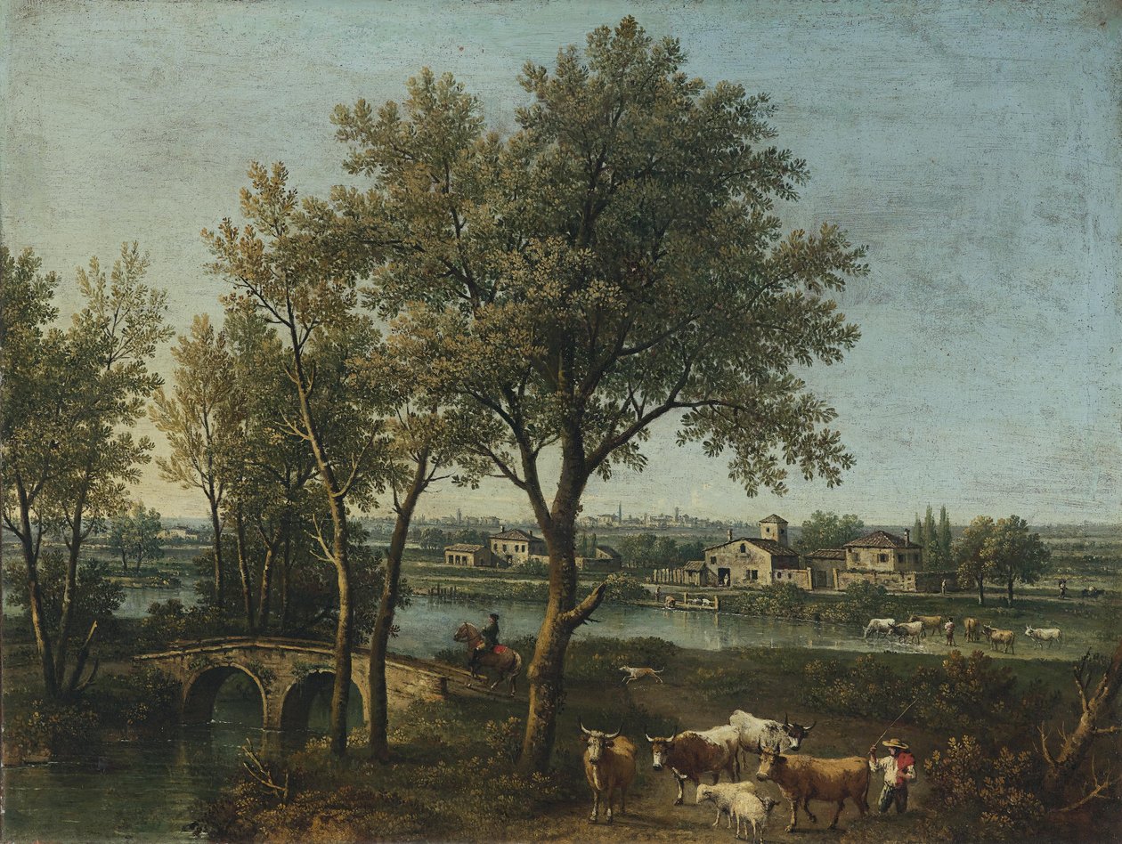 Flusslandschaft mit Hirt, Herde und Reiter tekijältä Giovanni Battista Cimaroli