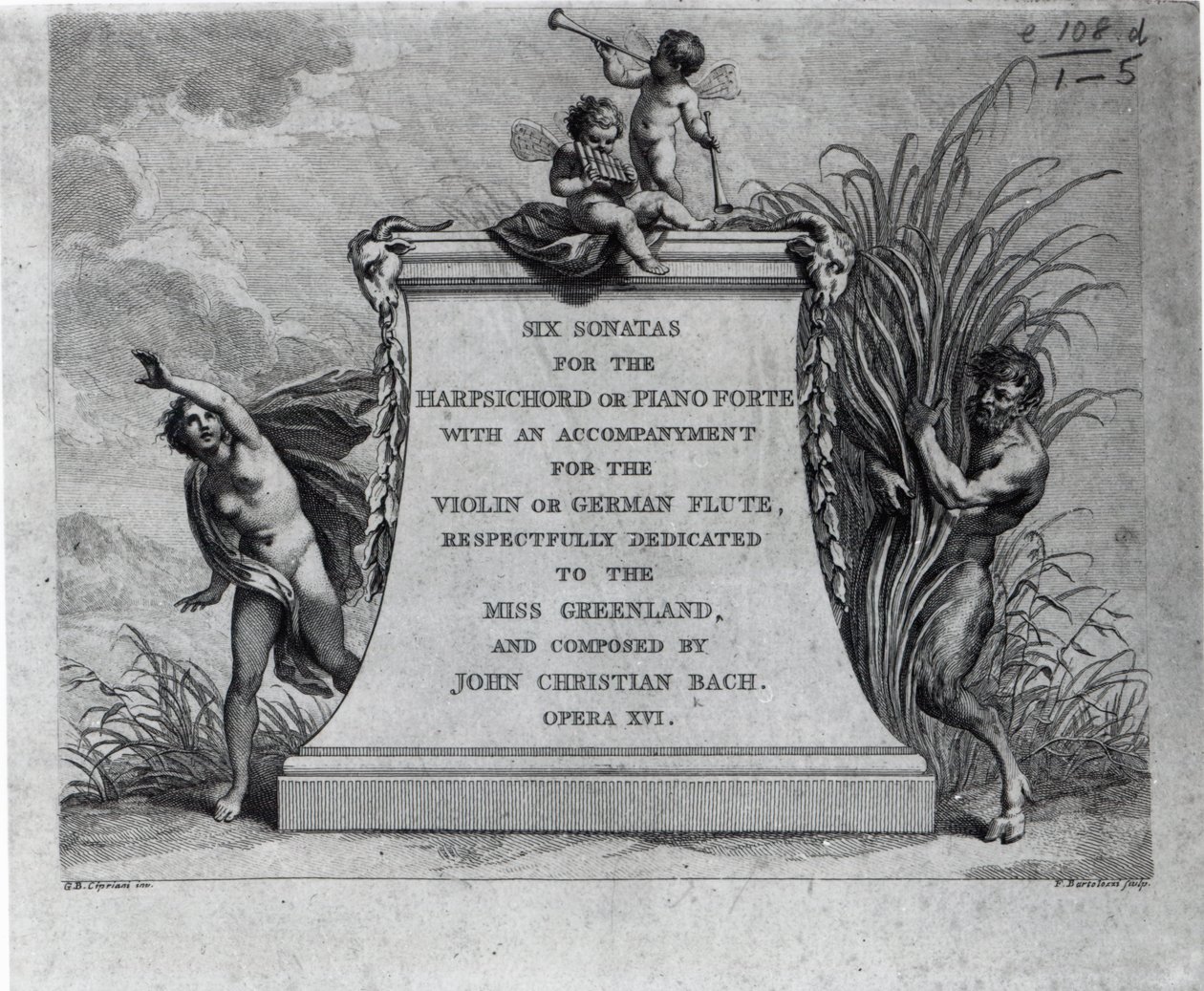 Etukappale John Christian Bachin kuudelle sonaatille, omistettu Miss Grönlandille, kaiverrus Francesco Bartolozzi tekijältä Giovanni Battista Cipriani