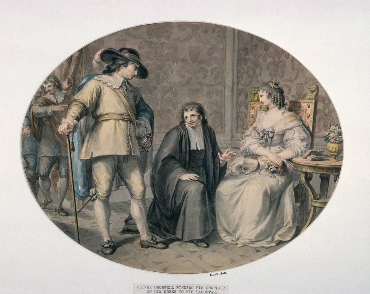 Oliver Cromwell löytää kappalaisensa Jeremiah Whiten polvillaan nuorimman tyttärensä Francesin edessä tekijältä Giovanni Battista Cipriani