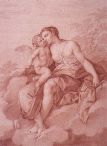 Venus makaamassa pilvessä, syleilemässä Cupidoa, 1700-luku tekijältä Giovanni Battista Cipriani