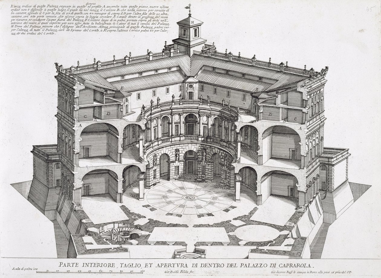 Poikkileikkaus Villa Caprarolasta, Bagnaiasta tekijältä Giovanni Battista Falda