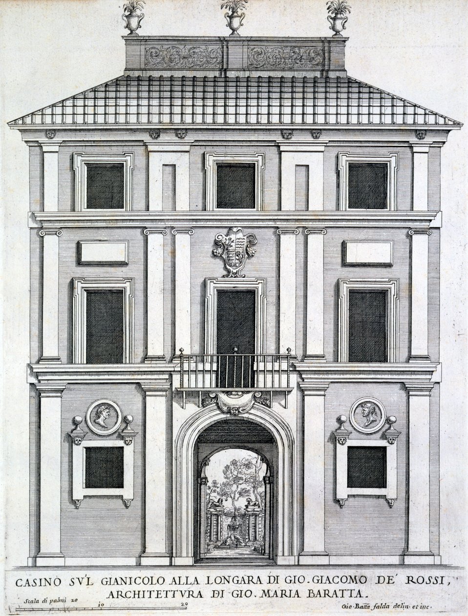 Giacomo de Rossille kuuluva puutarhakasino Gianicolo alla Longaralla, Palazzi di Romasta, julkaistu noin 1696-1702 tekijältä Giovanni Battista Falda