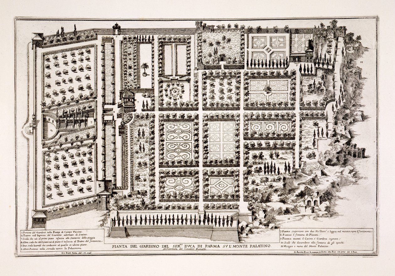 Parman herttuan puutarha Palatinuksen kukkulalla Roomassa, julkaisusta "Il Nuovo Teatro della Fabriche et Edifici in Prospettiva di Roma Moderna", julkaistu noin 1665-69 (ks. myös 171686). tekijältä Giovanni Battista Falda